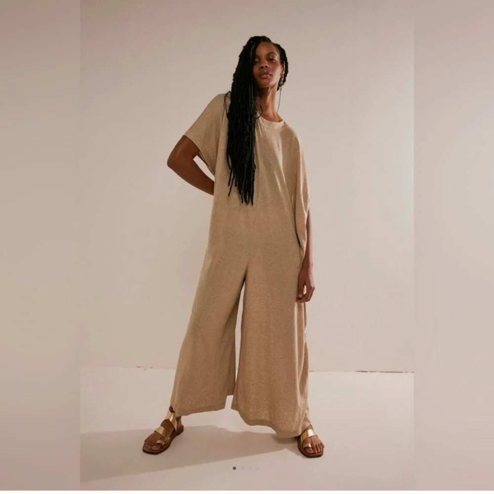 NWT Free People Beach Jumpsuit M/L Natural Open Leg Sleeveless Bohemian Women